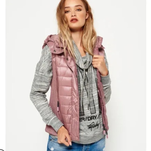Superdry “Luxe Fuji” Hooded Double Zipper Vest Shimmer Pink Extra Small Like New - Picture 1 of 15